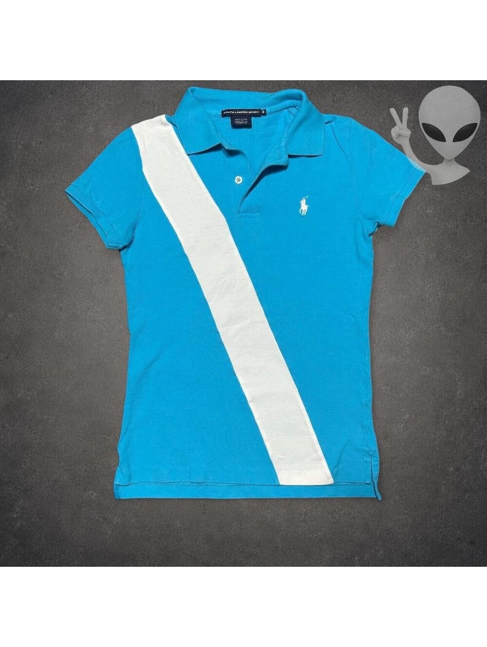 Ralph Lauren Sport Women S Turquoise Blue White Banner Diagonal Sash Polo Shirt